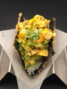 sushi rice, DF asparagus, avocado, shitake mushroom, oshinko, cucumber, lettuce, spicy creamy sauce, sweet sauce, green onion Vegetable Taco