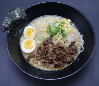 KOREAN STYLE RAMEN: BEEF STIR-FRY WITH TONKOTSU (PORK/CHICKEN) BASE BROTH. TOP WITH BEANS SPROUTS, BAMBOO SHOOTS, CORN, NORI, & GREEN ONIONS Beef Bulgogi Ramen