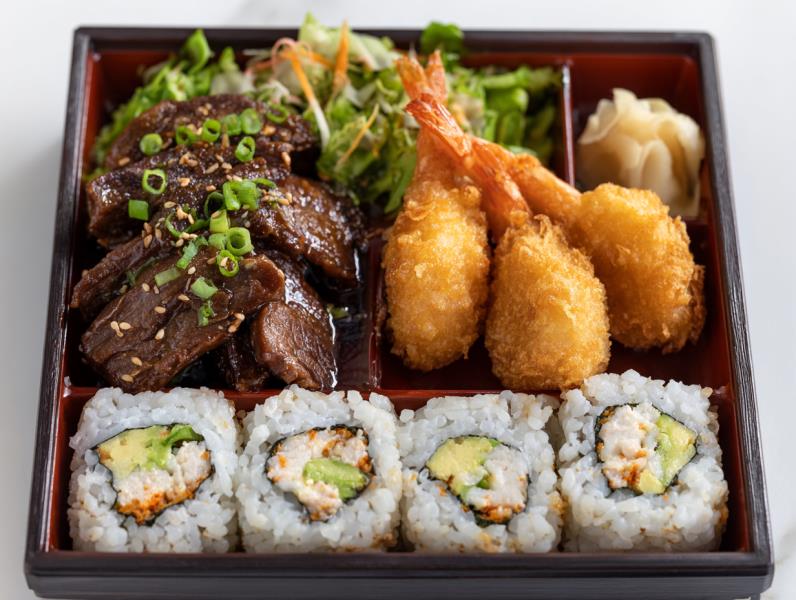 served with salad, rice, vegetable termpura and a California rolls Beef Bento - Cali