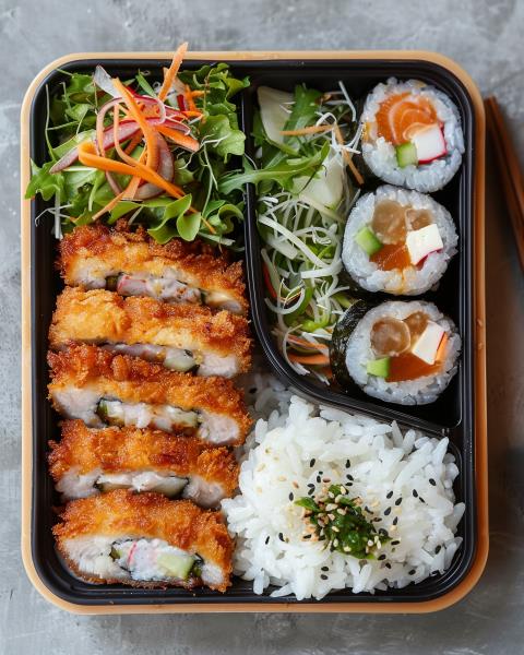 Cod fish served with salad, rice, vegetable termpura and a California rolls Fish Katsu Bento - Cali