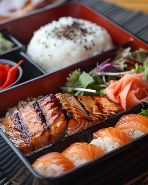 served with salad, rice, vegetable termpura and a 4pc Nigiri sushi (tuna, salmon, shrimp, yellow tail) Salmon Bento - Nigiri