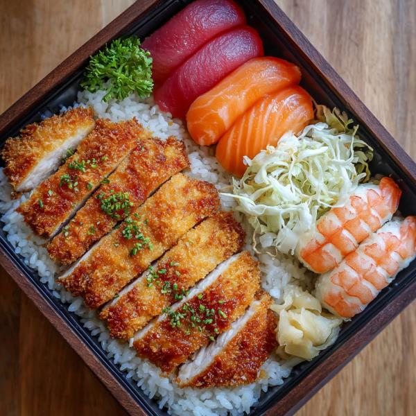 served with salad, rice, vegetable termpura and a 4pc Nigiri sushi (tuna, salmon, shrimp, yellow tail) Chicken Katsu Bento - Nigiri