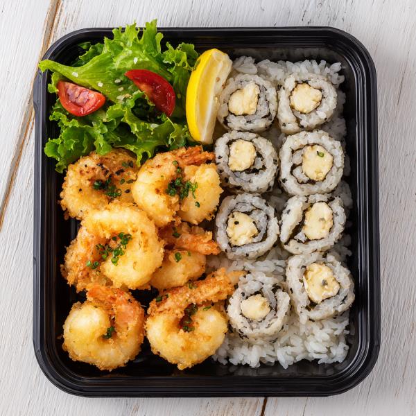 served with salad, rice, vegetable termpura and a California rolls Shrimp Tempura Bento - Cali