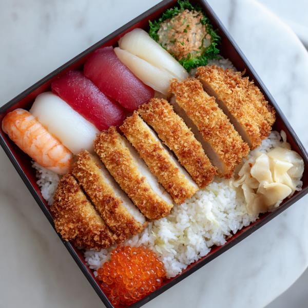 served with salad, rice, vegetable termpura and a 4pc Nigiri sushi (tuna, salmon, shrimp, yellow tail) Ton Katsu Bento - Nigiri