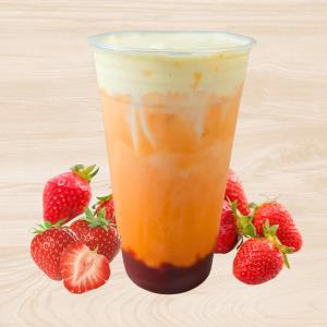 Our signature Thai tea, strawberry puree top with cream cheese foam. Thai Tea Strawberry