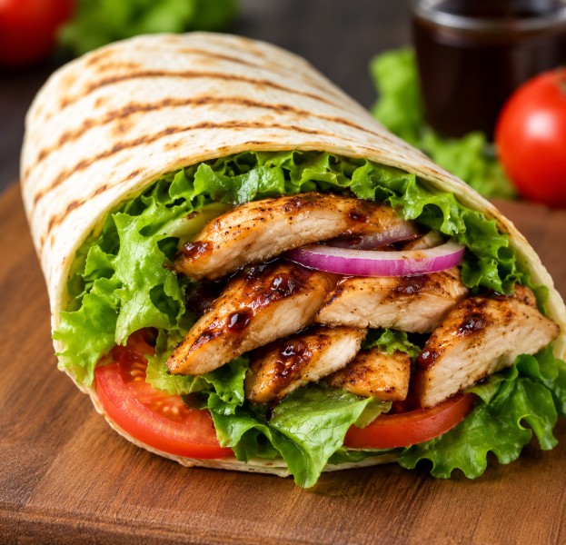 Grilled chicken breast, bacon, pineapple, lettuce, tomato, and teriyaki sauce. Hawaiian Wrap