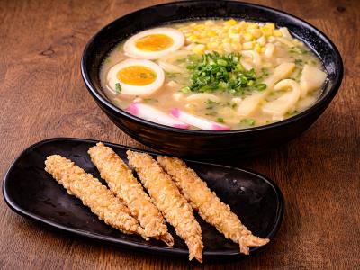 Prawns tempura, corn, egg, bamboo, fish cake, green onion Prawn Tempura Ramen