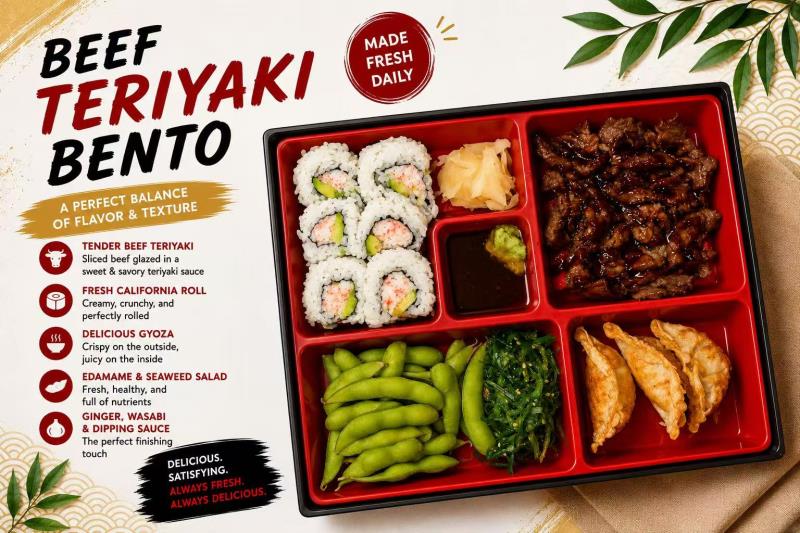 Beef, gyoza, edamame, seaweed salad, california roll Beef Teriyaki (Box)