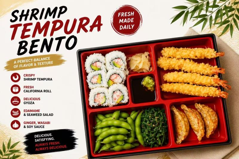 Prawn Tempura, gyoza, edamame, seaweed salad, california roll Shrimp Tempura (Box)