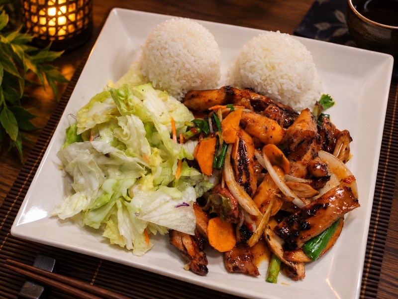 Hot. Served with white rice and green salad. T2_Spicy Chicken Teriyaki