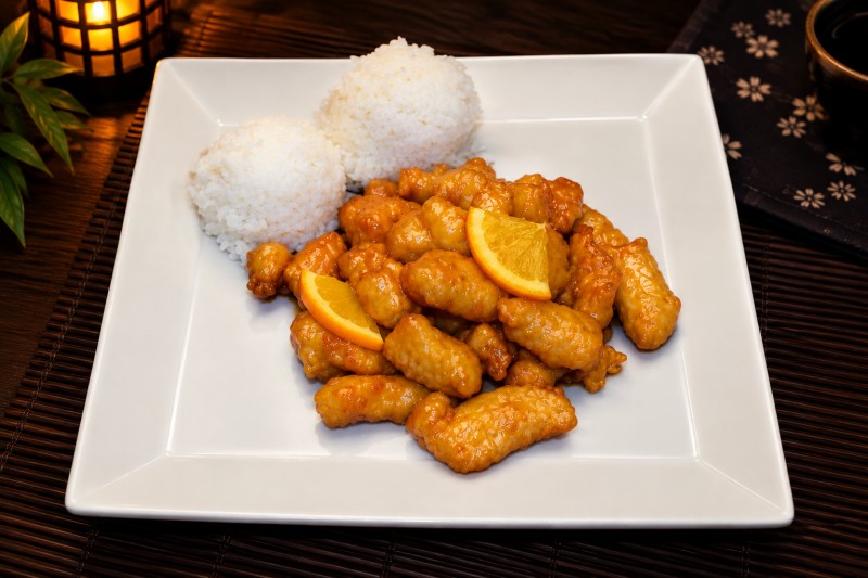 Served with white rice. W7_Orange Chicken