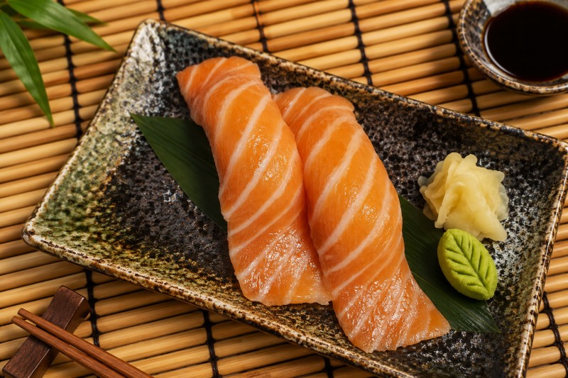 Consuming raw or undercooked fish, eggs or meals may increase your risk of foodborne illness. 2pcs per order. N1_Salmon Nigiri