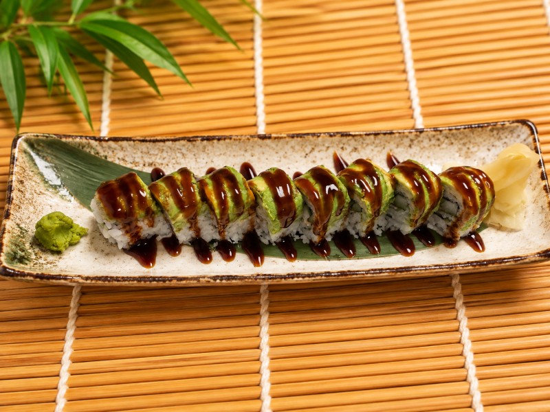 Eel, avocado, cucumber, topped with avocado. R13_Caterpillar Roll