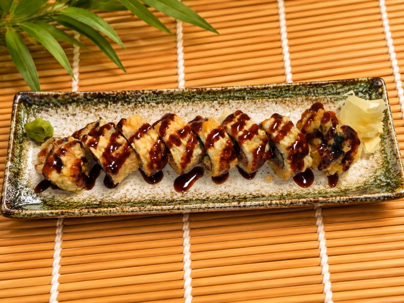 Hot. Deep fried spicy tuna roll with unagi sauce. R18_Spicy Tuna Tempura Roll - Deep-Fried Roll