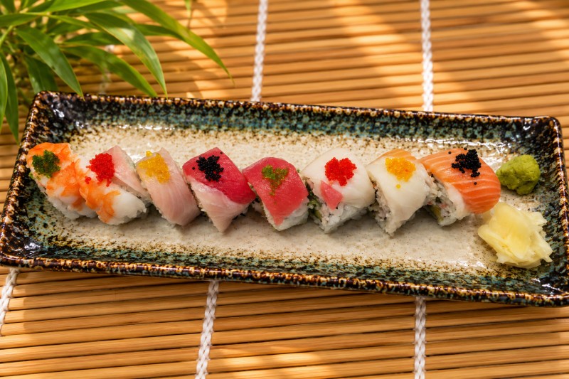 California roll topped with 5fish and tobiko. R24_Paradise Roll