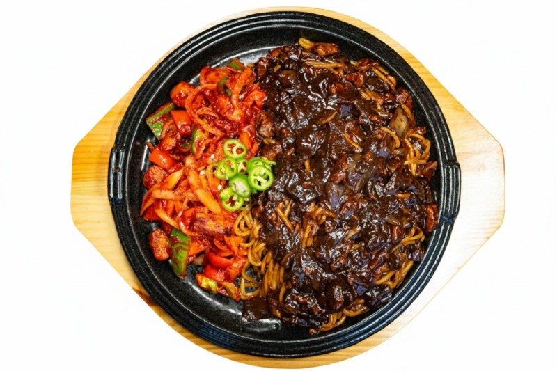 대창돌짜장 - Black bean noodles served in a hot stone plate with stir-fried spicy beef large intestines N12. Daechang Jajang