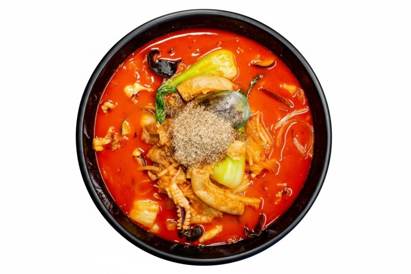 곱창짬뽕 - Spicy noodle soup with beef small intestines, honeycomb tripe, seafood and vegetables N11. Gopchang Jjamppong