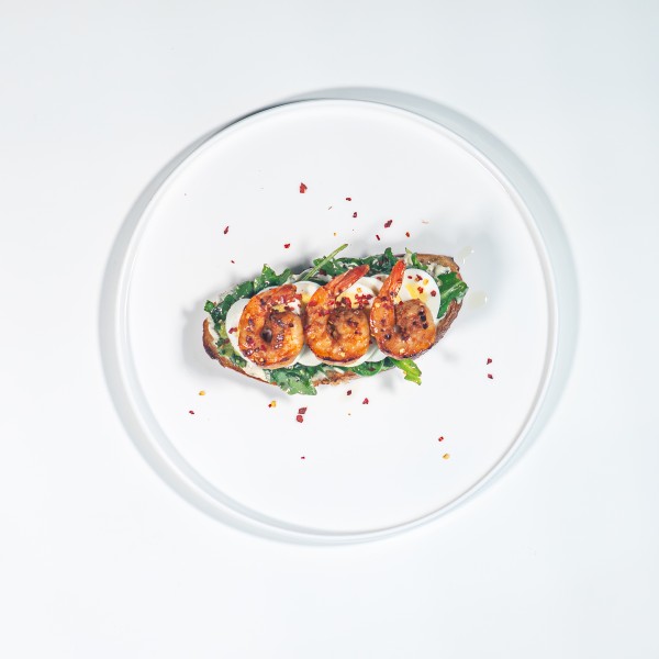 Shrimp, Egg, Arugula, Avocado, Tartar sauce, Crushed red pepper Shrimp Avocado Toast