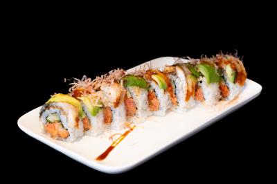 IN: CUCUMBER, SPICY TUNA
OUT: AVOCADO, GINGER, BONITO FLAKES, BAKED FRESH EEL
Angry Bird Roll