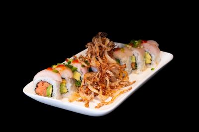 IN: SPICY TUNA, AVOCADO, CILANTRO
OUT: YELLOWTAIL, JALAPENO, CRISPY ONION
Crispy Yellowtail Roll