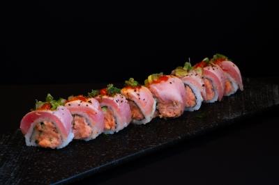 IN: SPICY TUNA, CUCUMBER
OUT: JALAPENO, BLACK PEPPER, SEARED TUNA
Volcano Roll