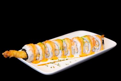 In: crabmeat, avocado, shrimp tempura
Out: shrimp, avocado
Tiger Roll