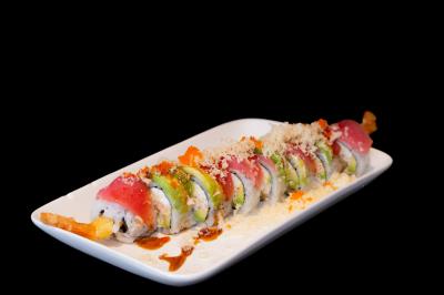 In: Crabmeat, Avocado, Cream Cheese, Shrimp Tempura
Out: Tuna, Avocado
Toppings: Crunch Flakes, Masago
Yokozuna Roll