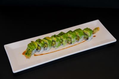 In: Asparagus Tempura, Green Onion Tempura
Out: Sliced Avocado
Jolly Green Giant Roll