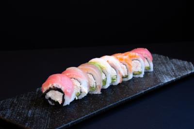 IN: CALI
OUT: TUNA SALMON ALBACORE AVOCADO SHRIMP
Rainbow Roll