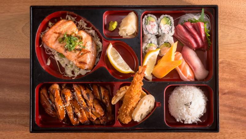 COMES WITH RICE, SALAD, SHRIMP&VEGGIE TEMPURA, GYOZA, HALF CALIFORNIA ROLL AND 2PCS NIGIRI SUSHI Bento
