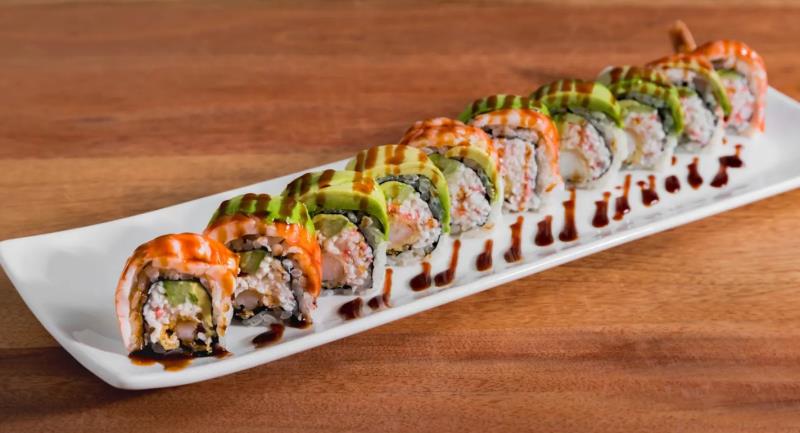 In: Shrimp tempura, krab,avocado & cucumber
Top: Ebi (sushi shrimp) & avocado
Sauce: Eel sauce Forever Shrimp