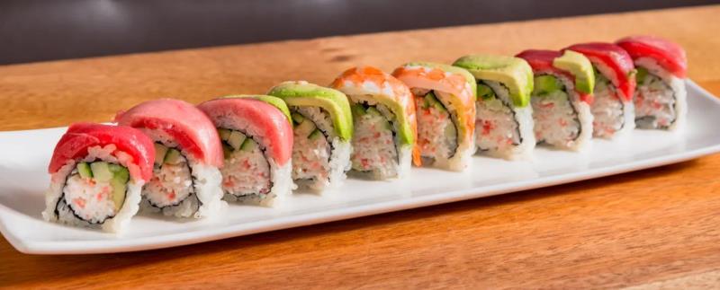 In: Crab meat, Cucumber, Avocado
Out: Salmon, Tuna, Hamachi, White fish, Ebi, Avocado
 Rainbow