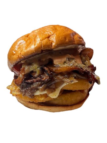 smoked bacon, over medium egg, caramellized onion, dip cheese, mozzarella, sheared parmasan, fried onion Smoke Bacon Deluxe Sandwich