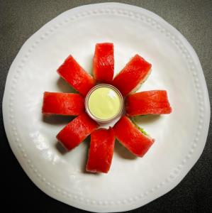 In-salmon, avocado, cucumber. Top-covered tuna, masago
Cherry Blossom Roll