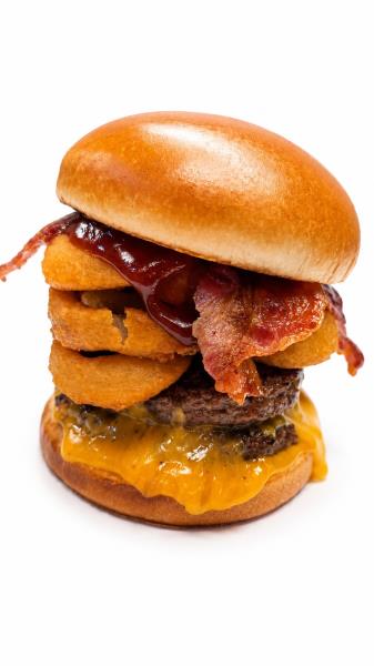 onion ring, cheddar cheese, bacon, BBQ sauce, 1/3lb patty Bbq Bacon Burger