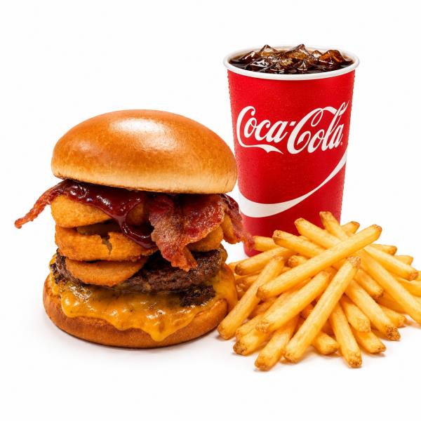 onion ring, cheddar cheese, bacon, BBQ sauce, 1/3lb patty Bbq Bacon Burger Meal