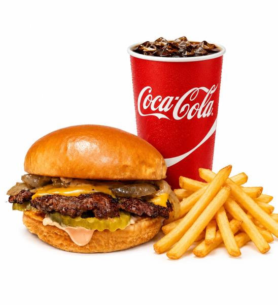 Grilled onion, pickles, American cheese, house sauce, 1/4 lb patty Smash Burger Meal