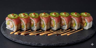 (In) Spicy Shrimp Tempura Roll
(Out) Soy Paper, Yellow Tail, Jalapeno
Baja Yellow Tail Roll