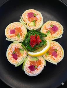 No Rice
(In) Bluefin Tuna, Asparagus, Avocado, Salmon, Shrimp, Spicy Crab Meat
(Out) Cucumber, Seaweed Salad
Blue Ocean