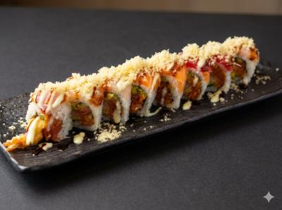 (In)Shrimp Tempura, Spicy Tuna, Avocado, Cucumber
(Out)Assorted Sashimi, Crunch, Special Sauce
Hani Roll