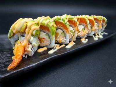 (In) Shrimp Tempura, Cream Cheese, Crab Meat, Cucumber
(Out) Salmon Covered Avocado
In & Out