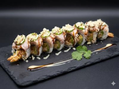 (In)Soft Shell Crab Tempura,S/P Crab Meat,Avocado
(Out)Seared Albacore/Tuna ,Jalapeno,Crunch
Jessica