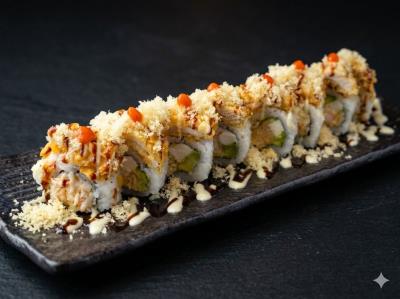 (In) Spicy California Roll, Cream Cheese
(Out) Deep Fried Albacore&Tuan, Garlic Pnzu
M.v Roll