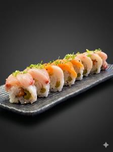 Soy Paper
(In) Crab Meat, Asparagus, Ebi, Spicy Tuna, Cucumber
(Out) Salmon, Yellow Tail, Albacore, Spicy Ponzu
Osaka