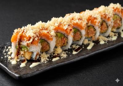 (In)Fried Salmon, Spicy Crab Meat, Avocado
(Out)Salmon, Crunch
Salmon Lover Roll