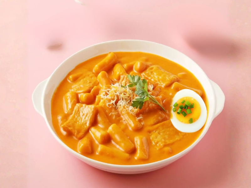 chewy Korean rice cakes cooked in sweet and spicy gochujang-cream sauce with fish cake, cabbage, green onion, and pepper jack cheese Rosé Tteokbokki