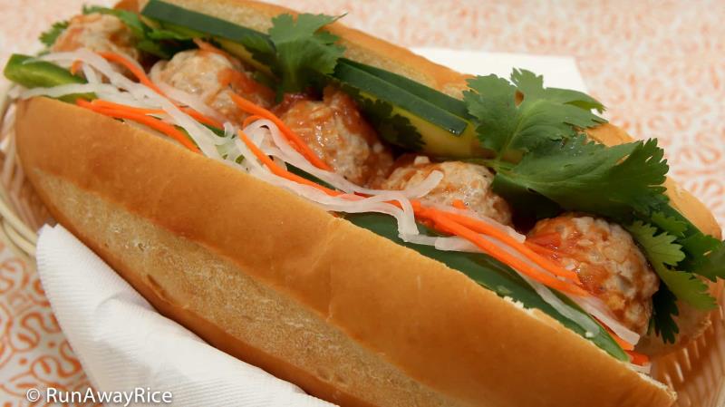 Homemade pork meatballs in savory tomato sauce with house mayo, pickled carrots & daikon, cucumber, cilantro, and jalapeno. Banh Mi Xiu Mai (Vietnamese Meatballs)
