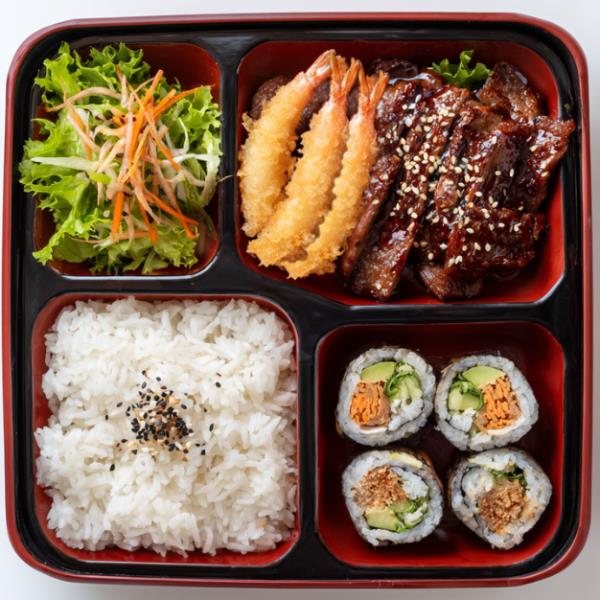 Choice of Your Meat, 3pcs Shrimp Tempura, 4pcs California Roll, Rice and Salad
19. Choice Of Meat Bento
