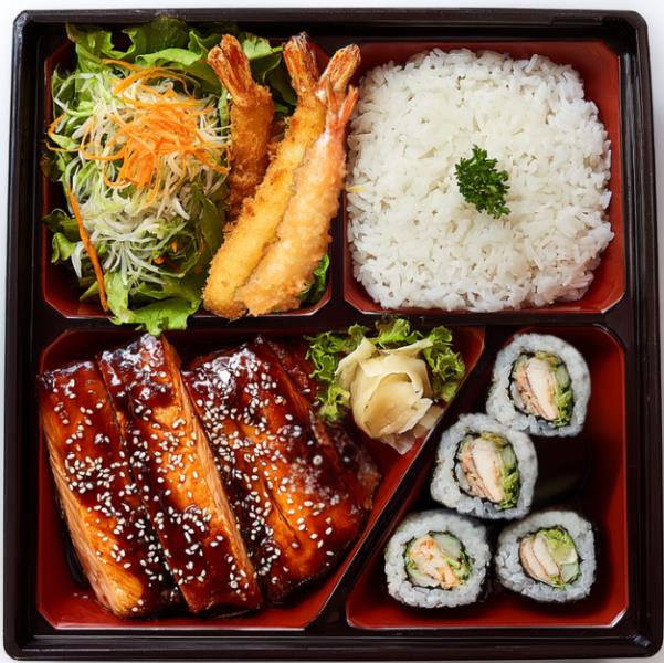 Salmon Teriyaki, 3pcs Shrimp Tempura, 4pcs California Roll, Rice and Salad
20. Salmon Bento