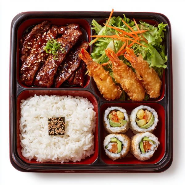 Beef Short Ribs, 3pcs Shrimp Tempura, 4pcs California Roll, Rice & Salad
48. Beef Short Rib Bento